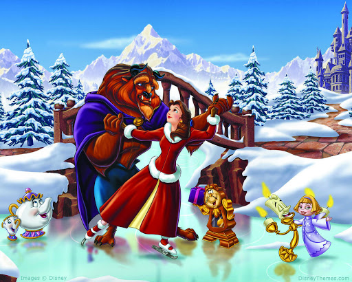 Beauty and the Beast ice skating in Disney Christmas movie