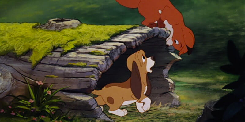 Tod and Cooper meeting in Disney dog movie The Fox and the Hound