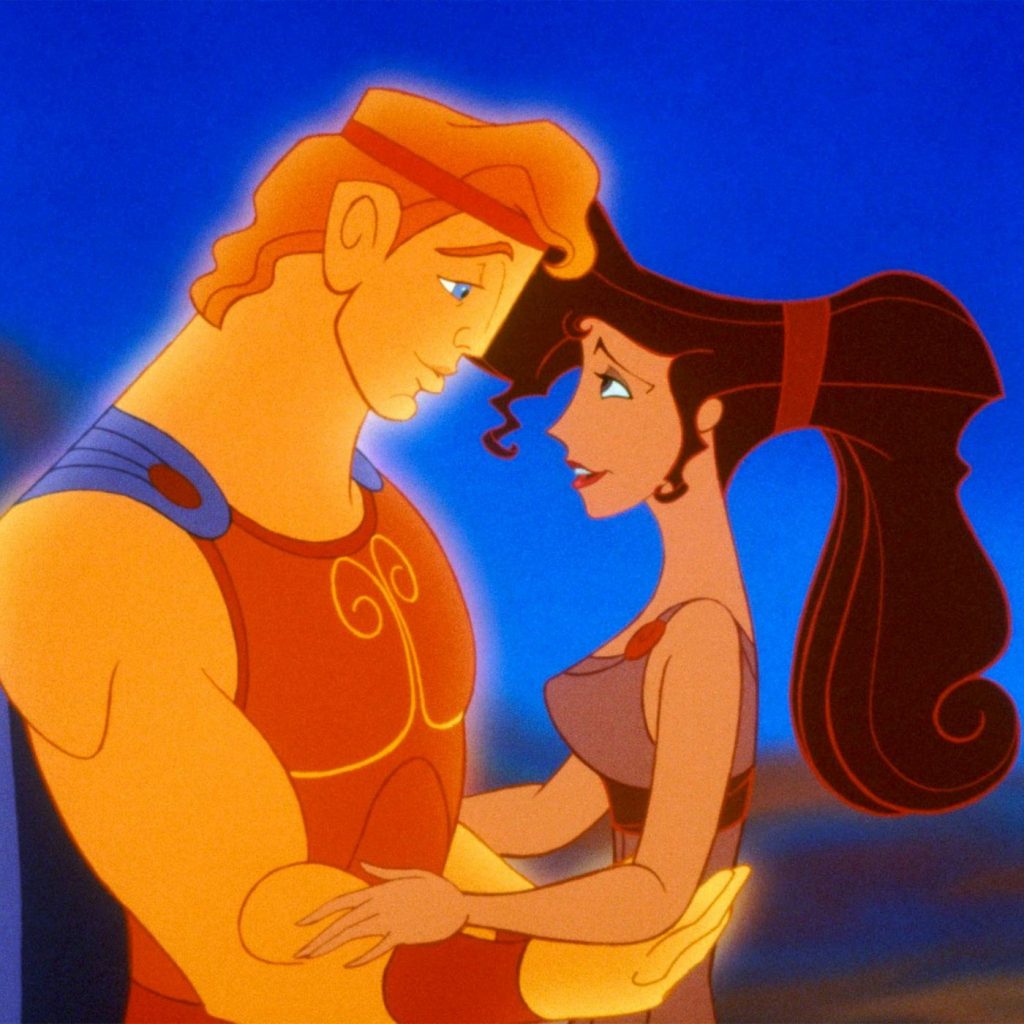 Hercules and Meg from Hercules embracing