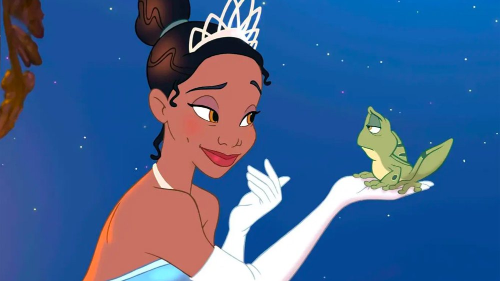 Princess and the frog preparing for a kiss