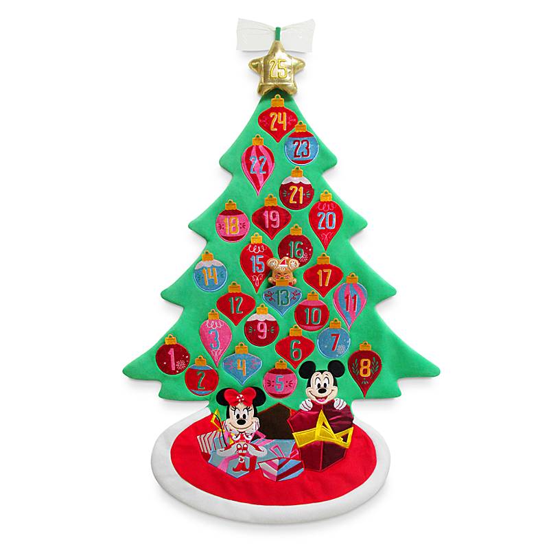 Christmas tree advent calendar with Mickey and Minnie Mouse sitting under the tree