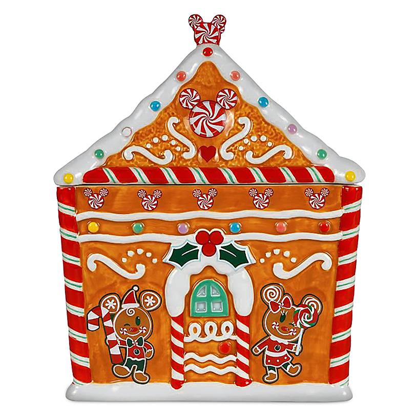 gingerbread house as a cookie jar with gingerbread Mickey and Minnie Mouse