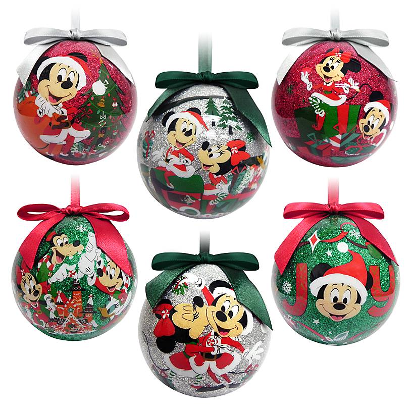 six ornaments with Mickey and his friends on them