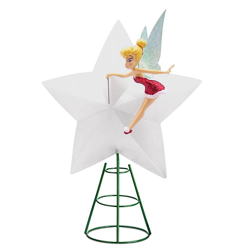 Tinker Bell flies about a white star as a tree topper