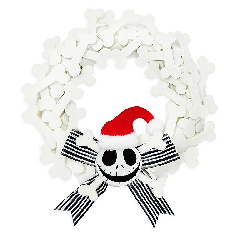 a felt bone wreath with Jack Skellington on it