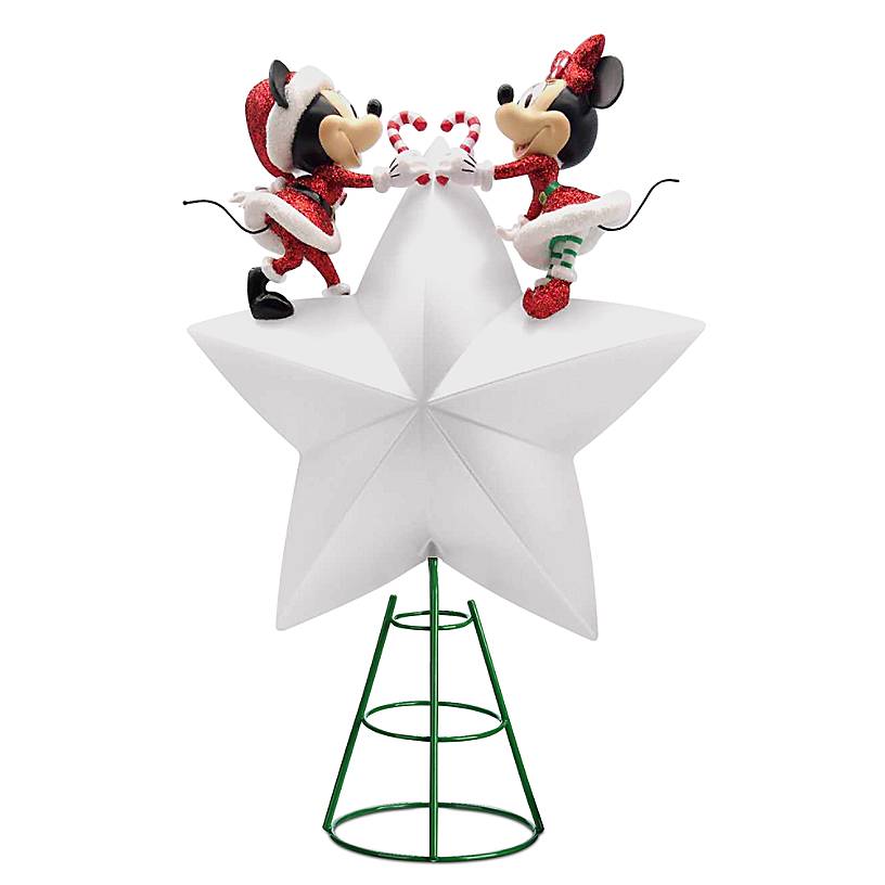 mickey and minnie mouse stand upon a star tree topper