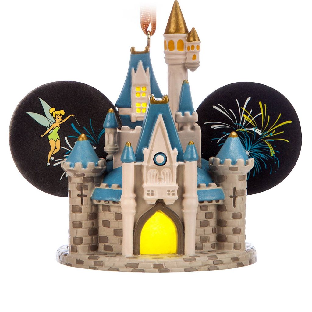 Disney ornament Cinderella's castle with Mickey ears, fireworks, and Tinker Bell