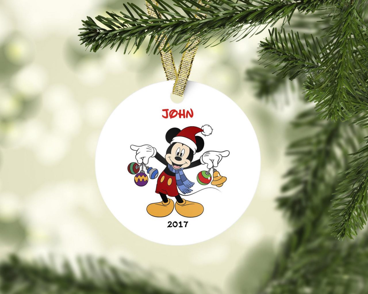 Disney ornament Mickey Mouse with winter scarf, Santa hat and ornaments