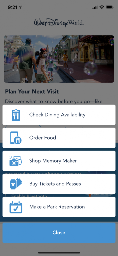 Disney Mobile Ordering menu list options