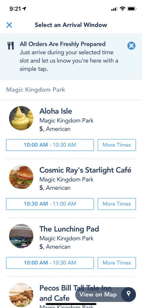 Disney Mobile Ordering arrival window 