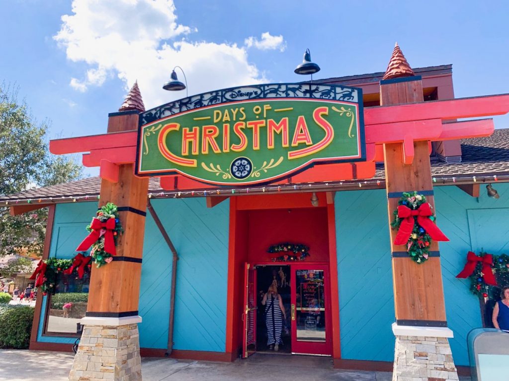 Disney world shopping days of Christmas store entrance in Disney Springs