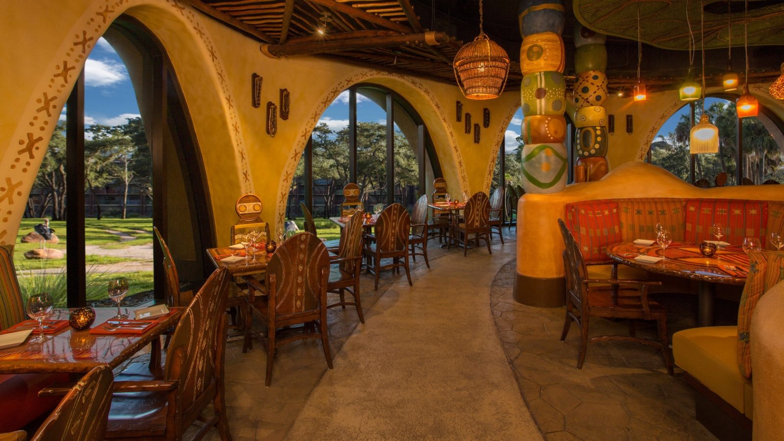 inside of Sanaa restaurant at disney with archways and furniture