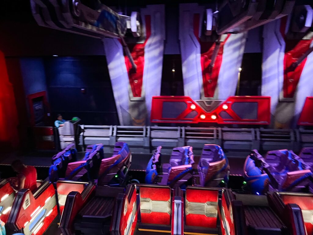 Vehicles used for Guardians of the Galaxy: Cosmic Rewind, one of the Disney rides for kids. 