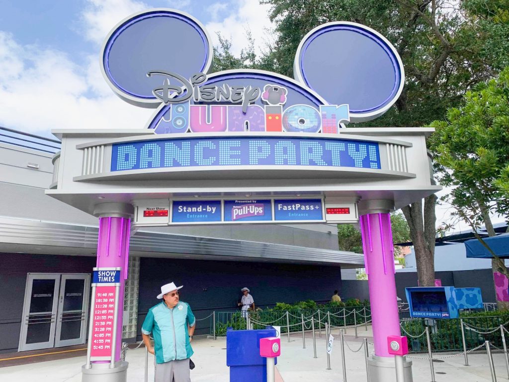 purple sign with mickey ears for Disney junior dance party