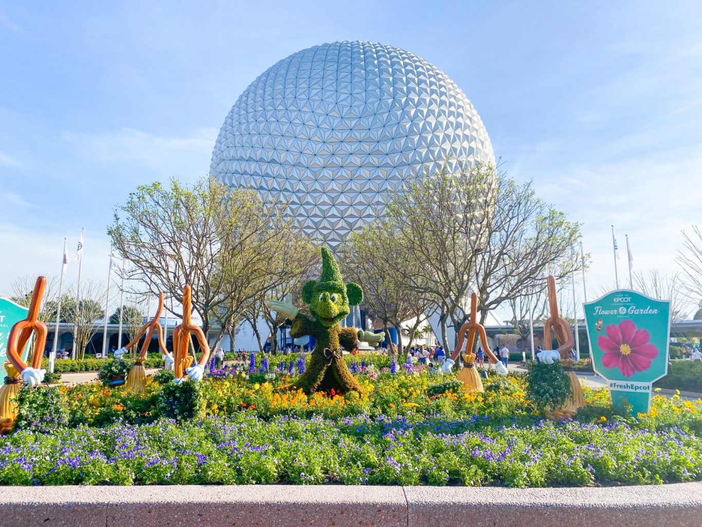 view of the Epcot ball during the flower and garden festival