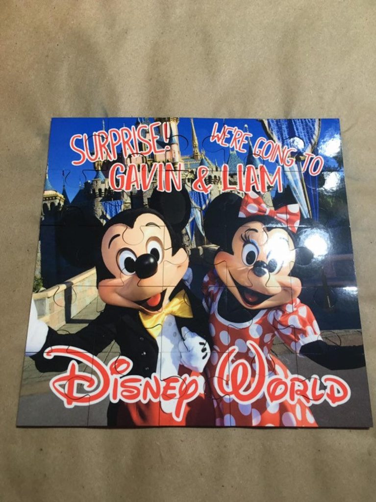 Disney surprises trip puzzle which includes names and photos of Minnie and mickey