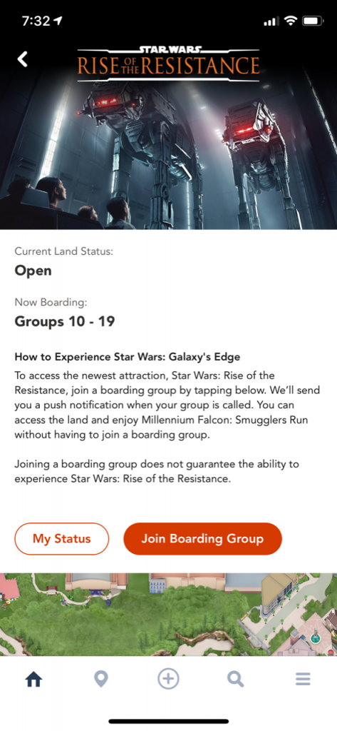 screen grab of the My Disney Experience app and the boarding groups for Rise of the Resistance