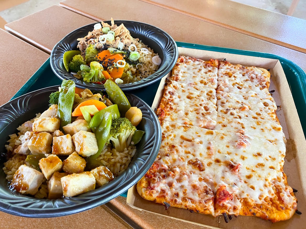 cheese pizza, tofu rice bowl, and chicken rice bowl 