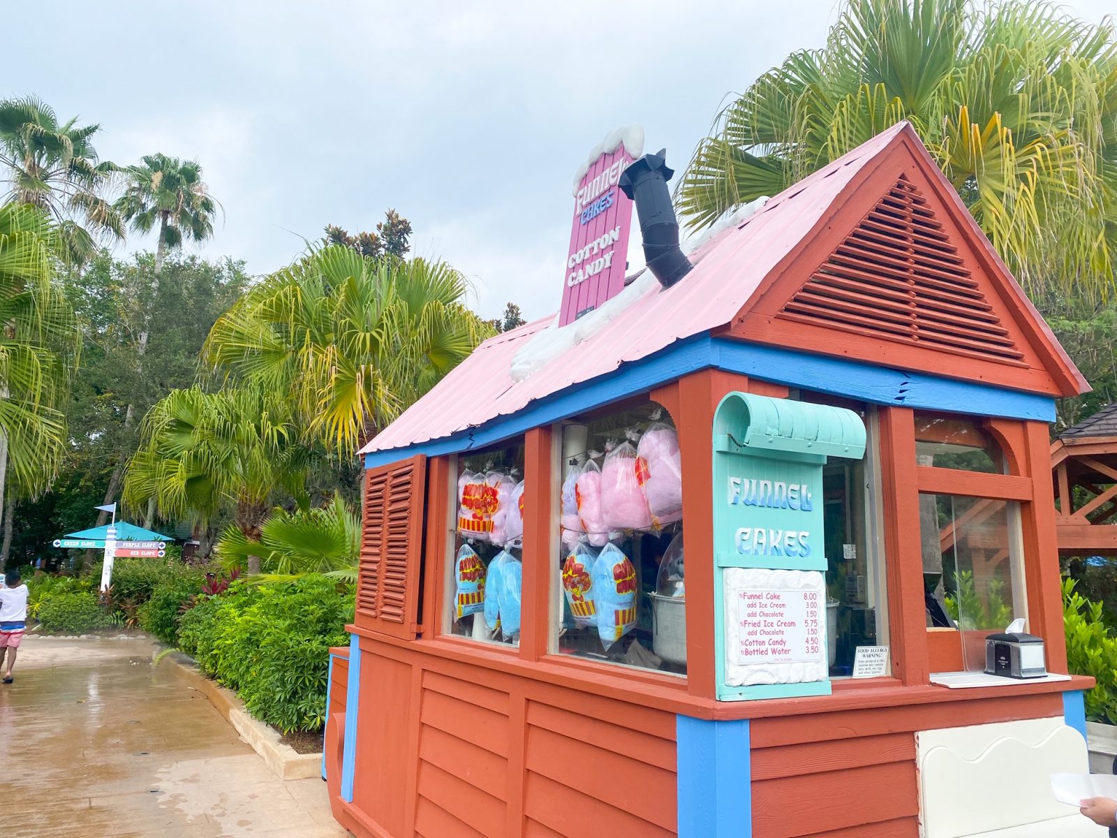 funnel cake stand, cotton candy, and trees 