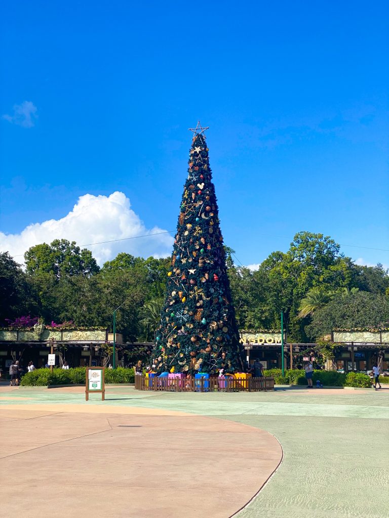 A giant Christmas tree in front of the Animal Kingdom entrance.