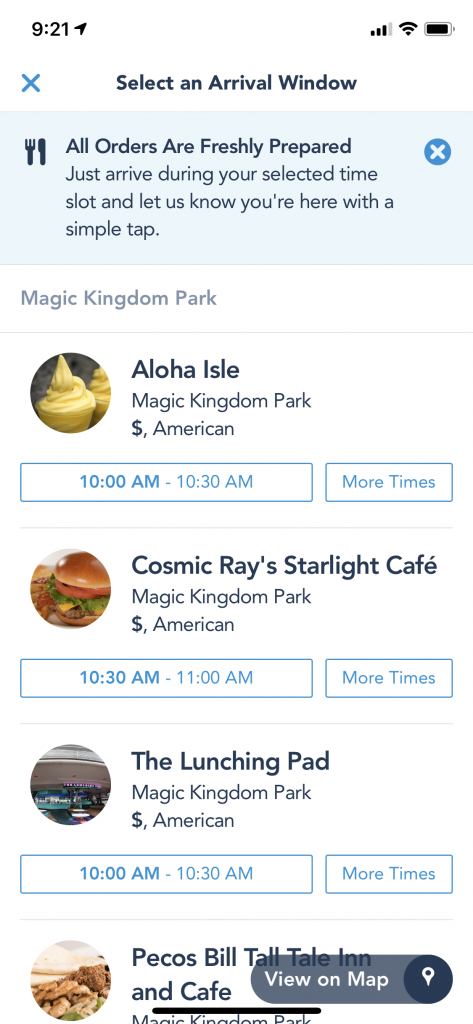 mobile ordering options for Magic Kingdom on the My Disney Experience app