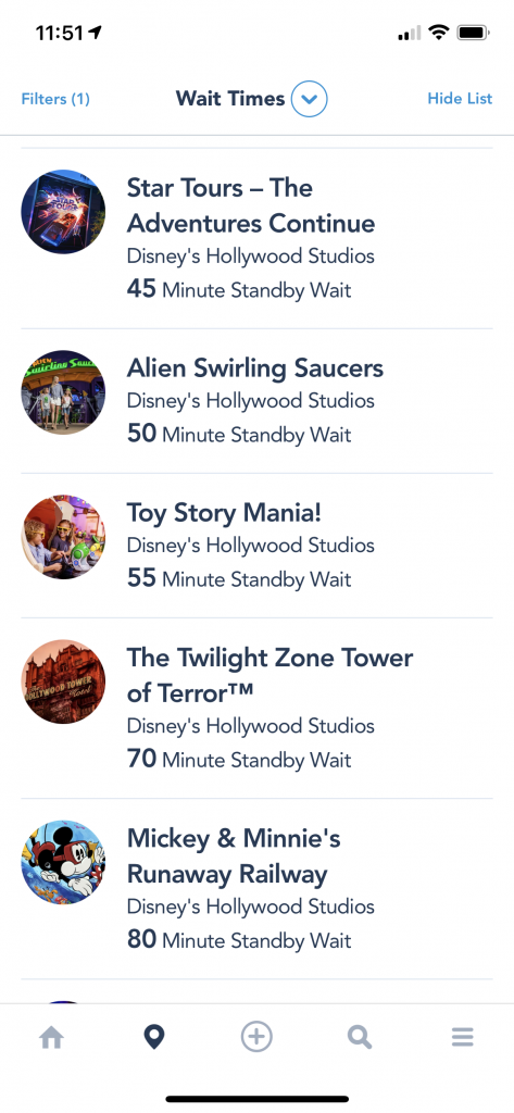 list of wait times for Hollywood Studios on the My Disney Experience app