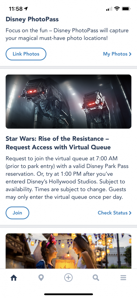 screenshot of the Rise of the Resistance virtual queue on My Disney Experience