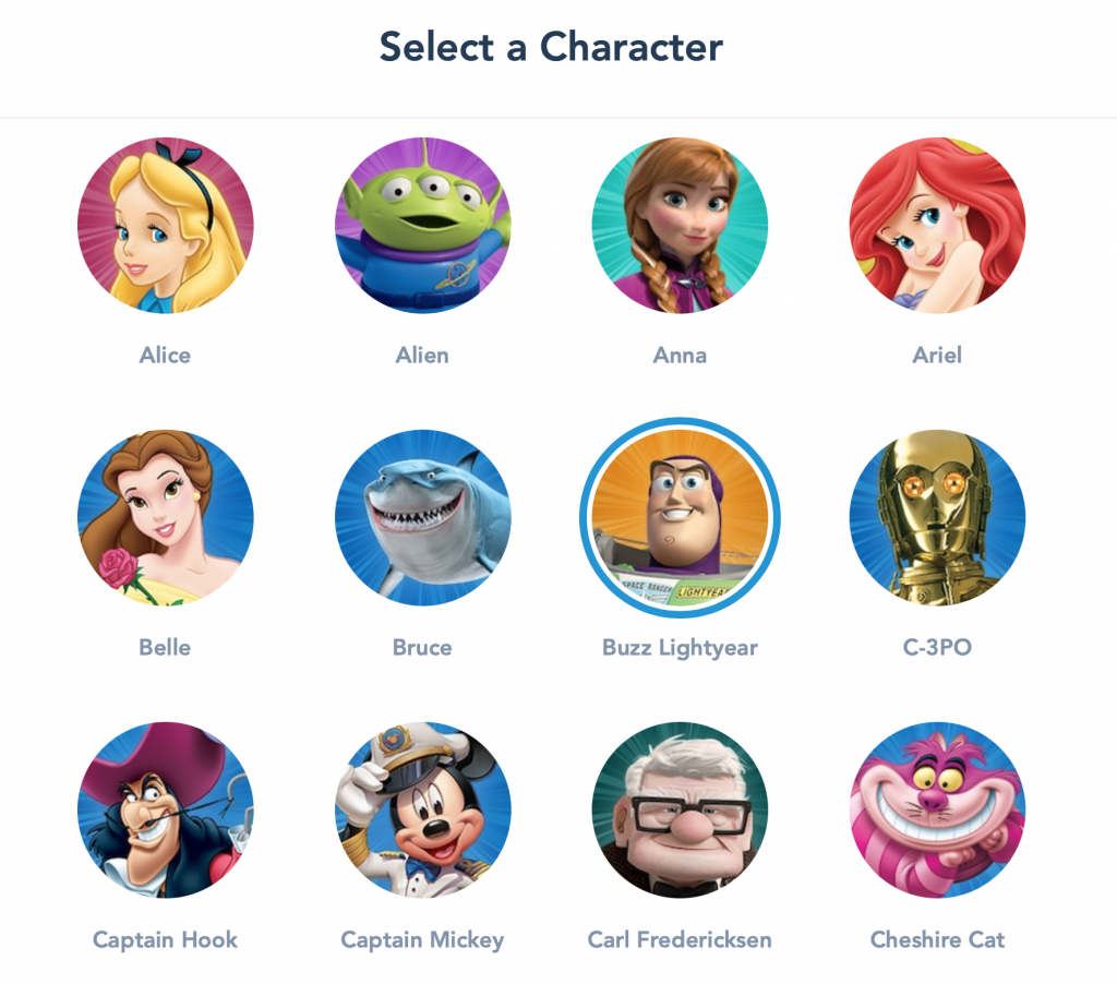 choice of characters for your account on My Disney Experience 