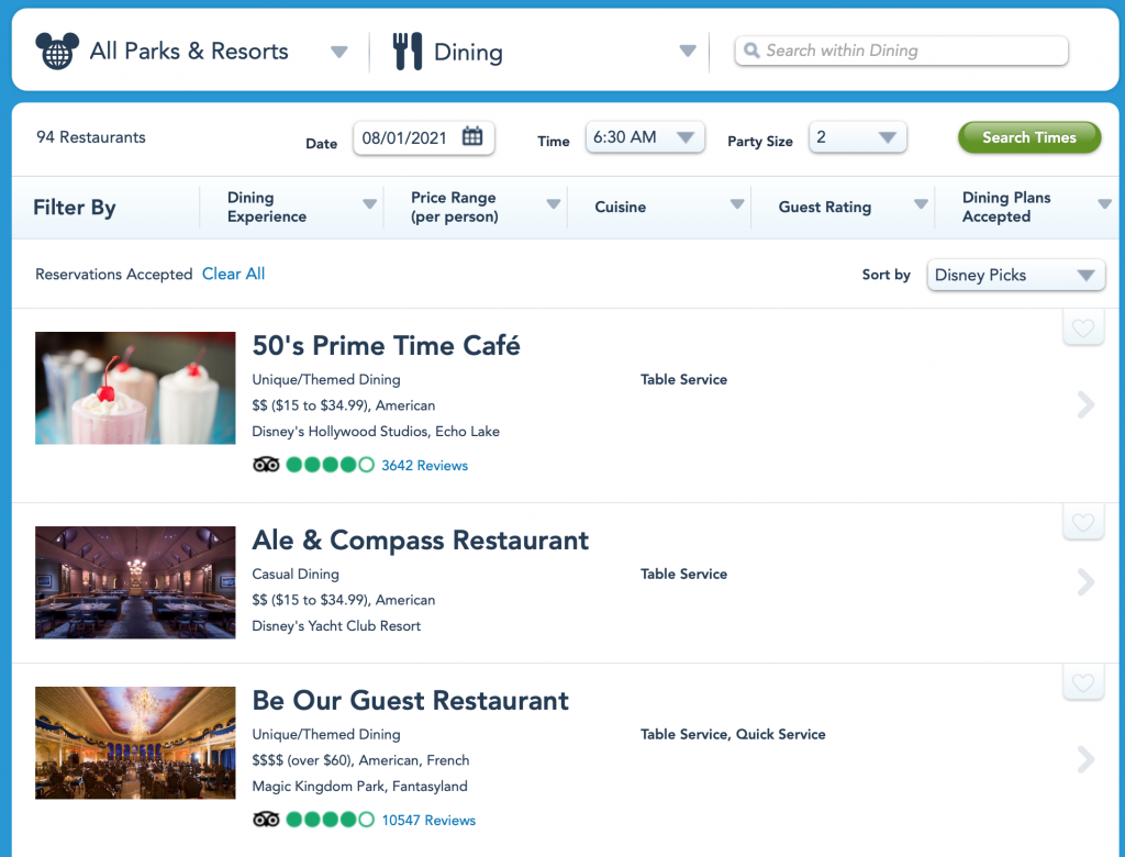 screenshot of how to book a dining reservation on My Disney Experience