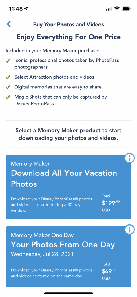 screenshot of where to buy Memory Maker on the My Disney Experience app