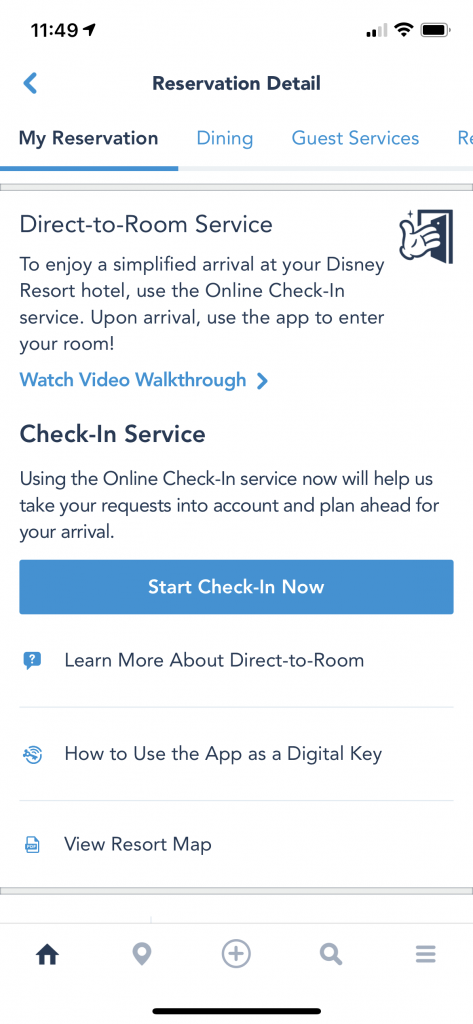 screenshot of online check in option on the My Disney Experience app