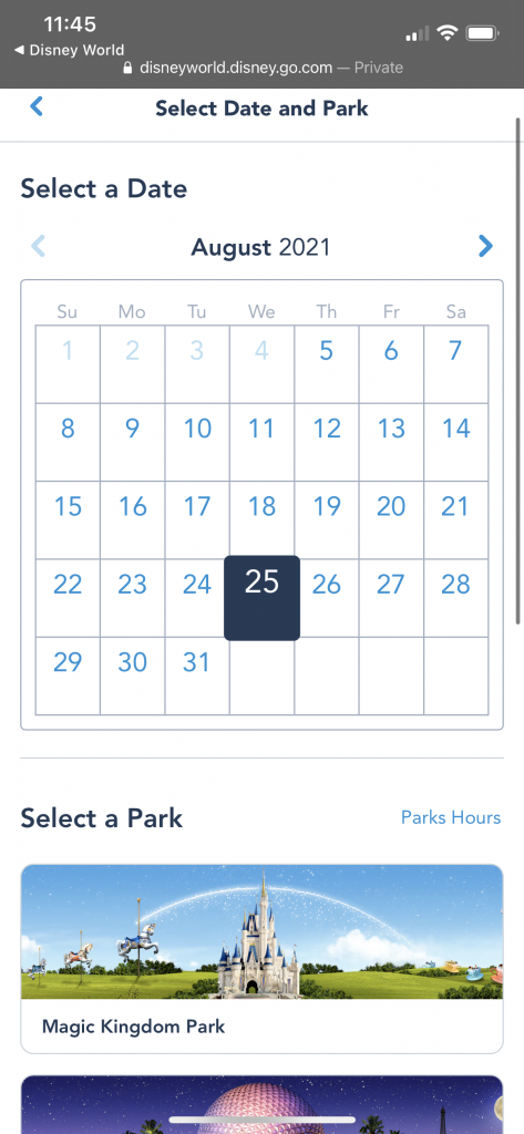 screenshot of making a park pass reservation on My Disney Experience