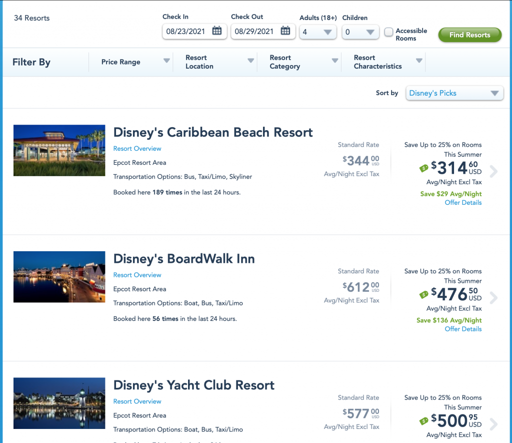 screenshot of different available resorts on My Disney Experience