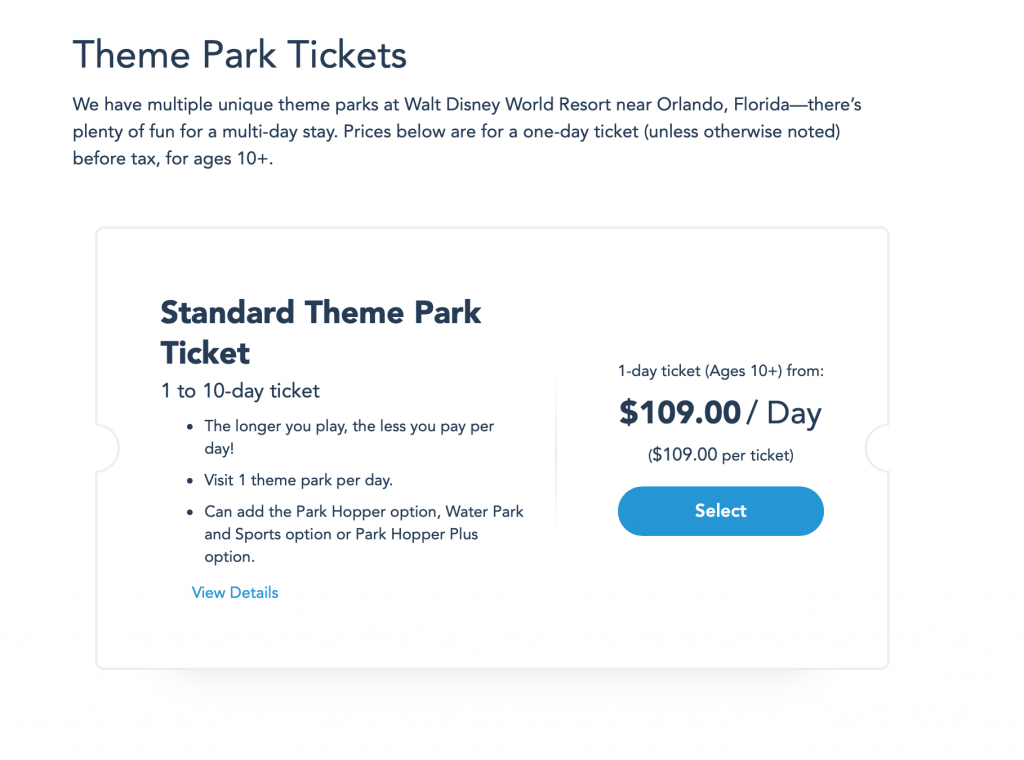 screenshot of where you can buy park tickets on My Disney Experience