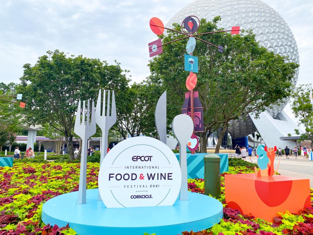 Epcot Food and Wine Festival sign near the Epcot ball