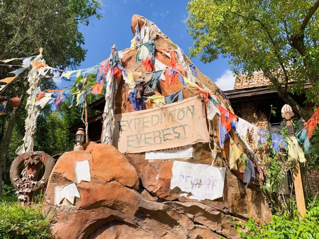 The front rocks that dictate the beginning of the line for Expedition Everest are on theme with hiking gear: this is one of those rides that you also need Animal Kingdom Genie+ for, specifically with Lightning Lanes.