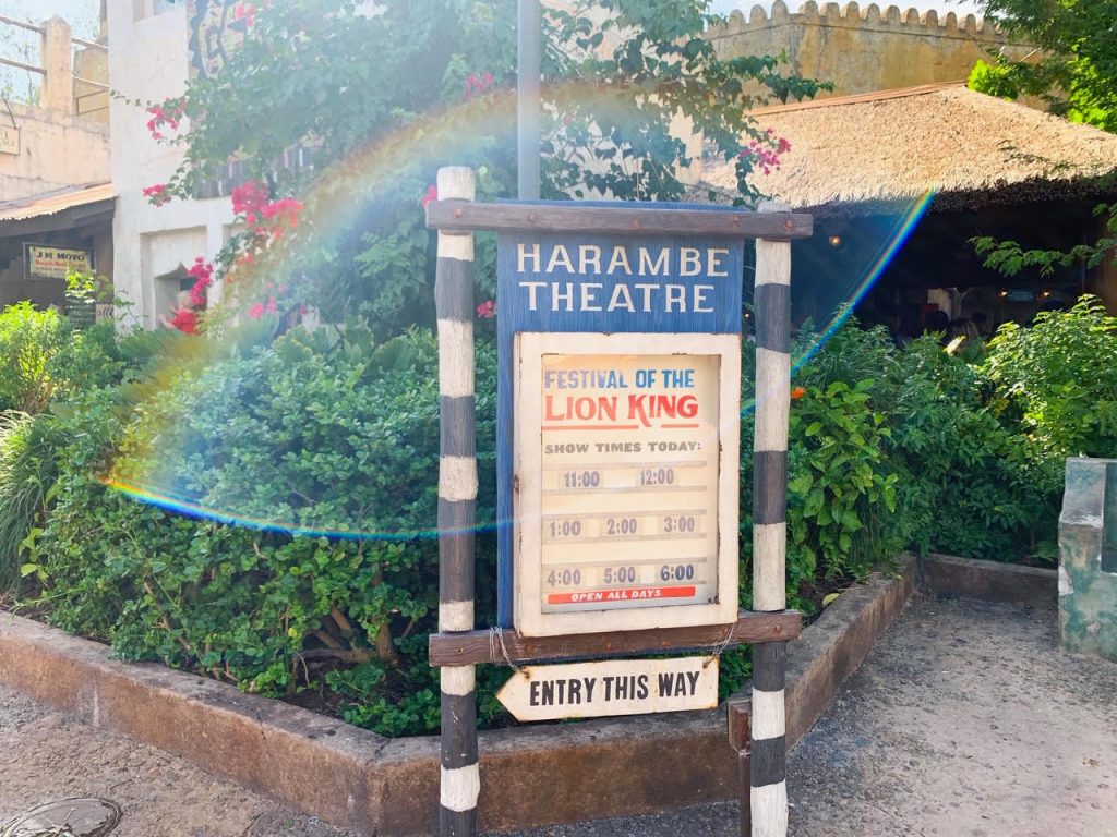 The entrance of the Harambe Theatre lists a sign for the Festival of the Lion King. Here it lists the show times for the day: if it gets too crowded, this is a good backup use for Animal Kingdom Genie+.