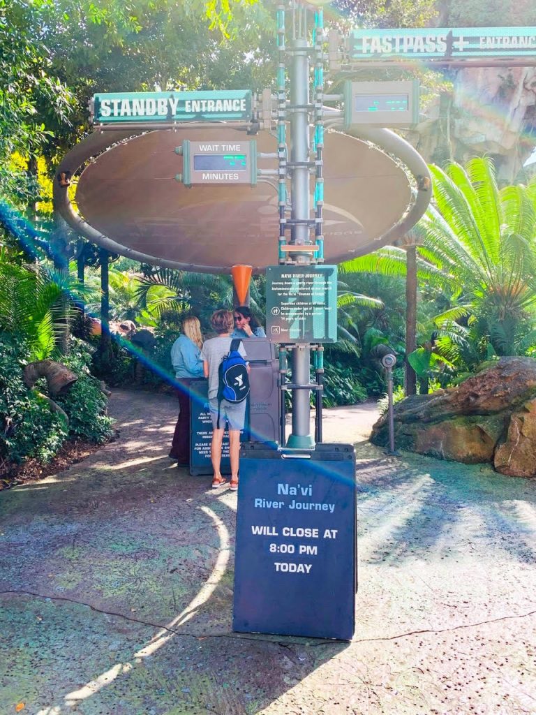 The Navi River Journey standby entrance in this photo has a long line with people gathering to wait in standby-- this slow paced boat ride is beautiful and can be used on Animal Kingdom Genie+.