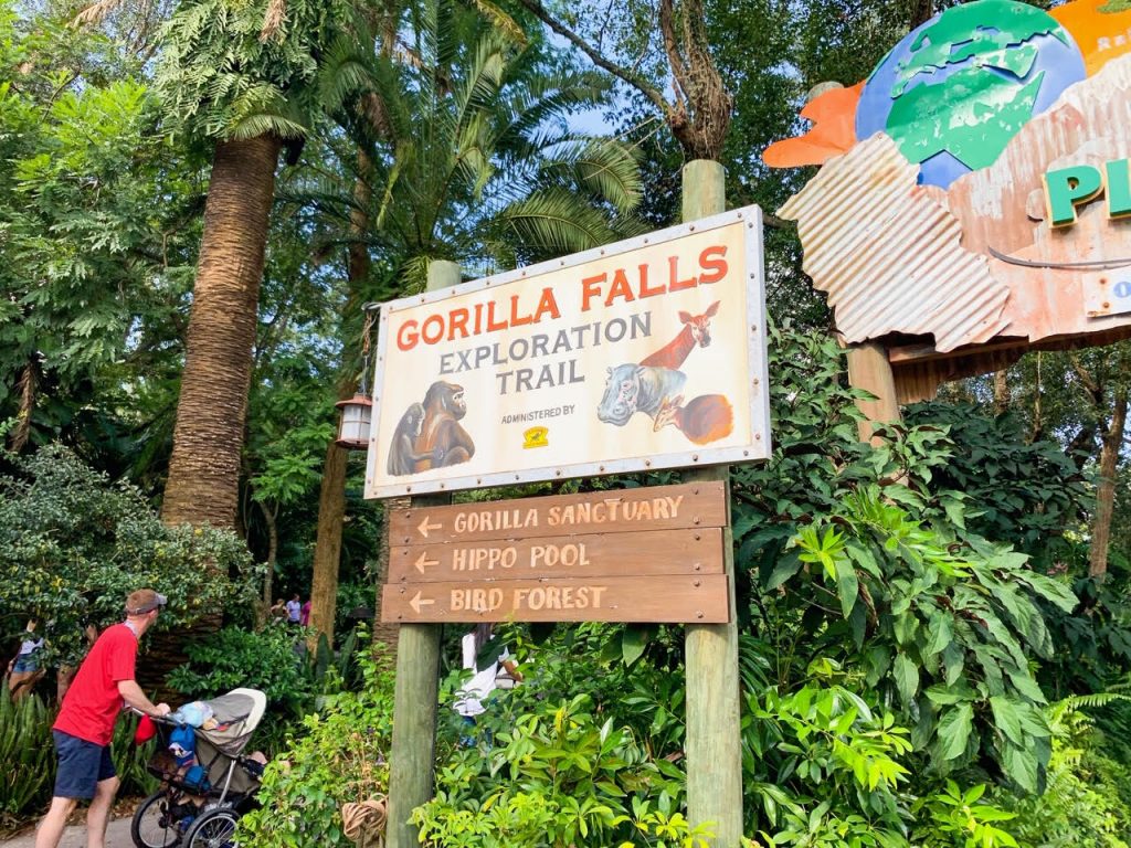 The Gorilla Falls exploration trails sign points you in the direction of a gorilla sanctuary, hippo pool, and bird forest! It is something you don't need Animal Kingdom Genie+ for.