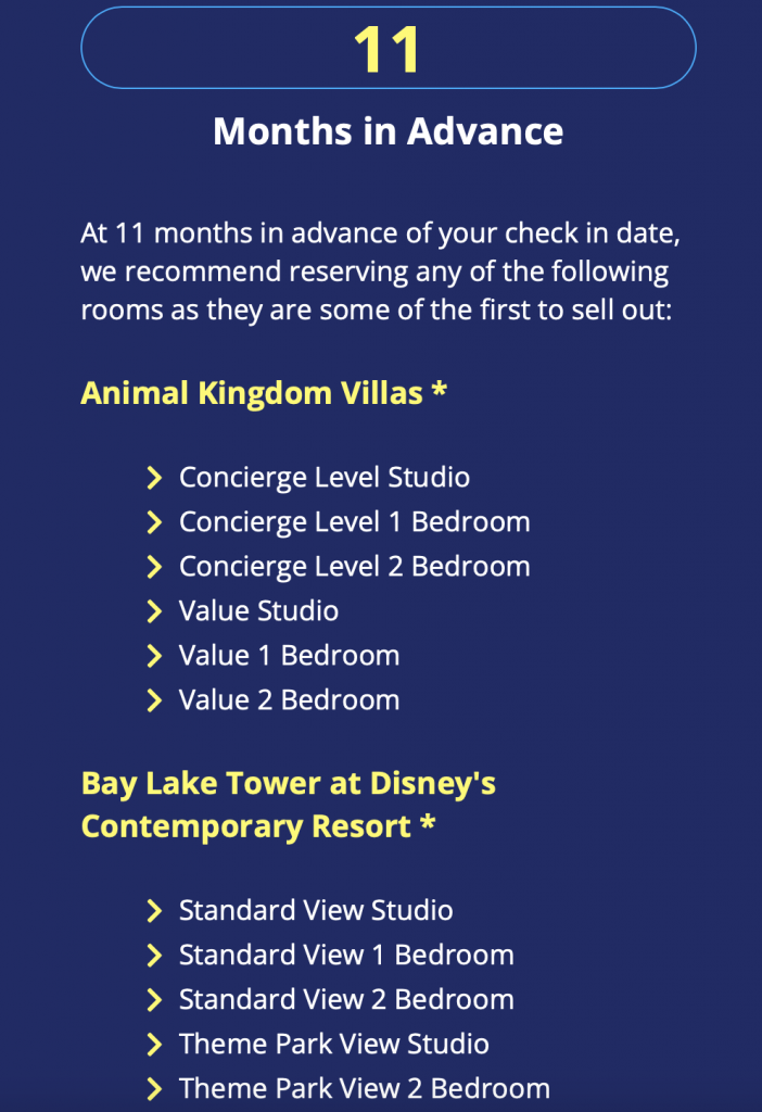 This screenshot is one of the last important screenshots for the David's DVC rental review as it breaks down the timeline in which you should start booking-- hint! It reads 11 months in advance! 