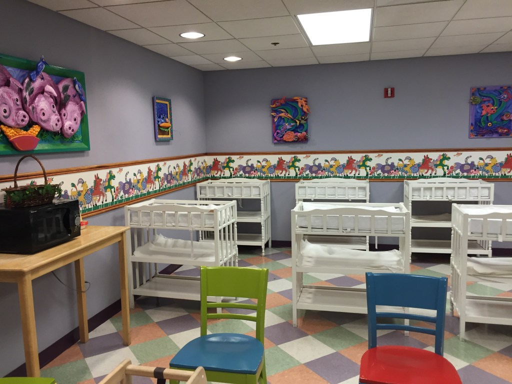 These changing centers are perfect for child care when at Disney with toddlers: rest and relax and cool off here!