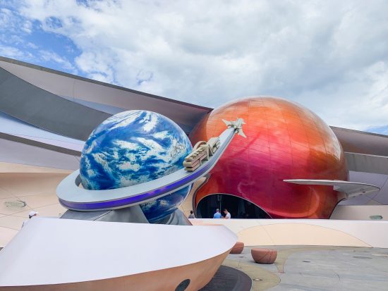 Mission: Space is shown by sculptures of Mars and Earth outside the ride. This stimulation is popular, so make sure to use Epcot Genie+ and also be aware of motion sickness! 