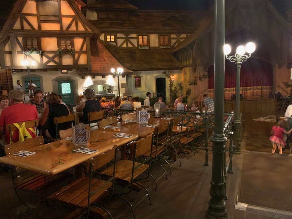 The illusion of an outdoor courtyard inside Biergarten restaurant