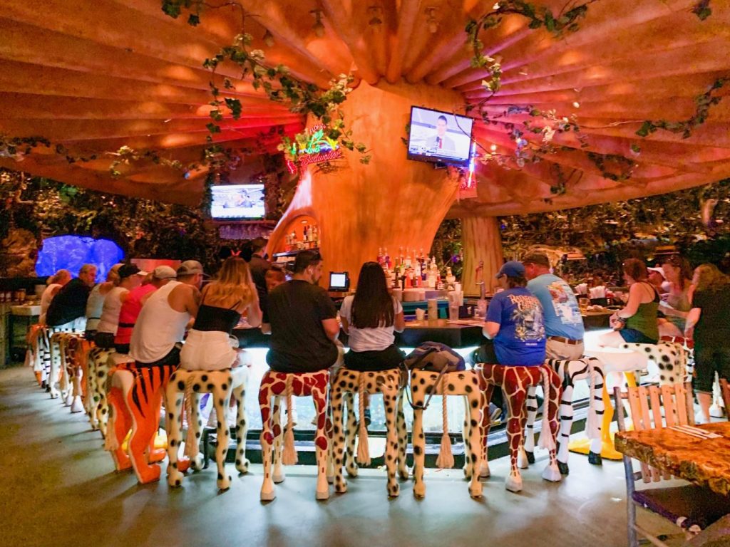 A giant mushroom umbrella over a bar with animal-themed stools