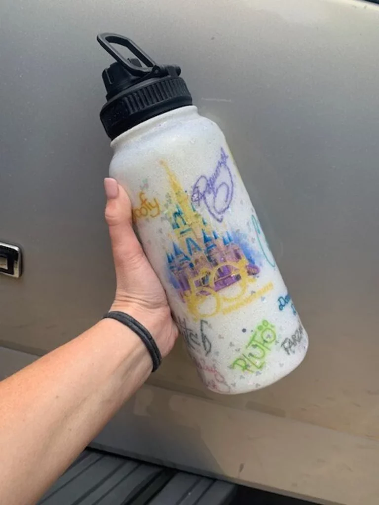 Disney Water bottles with Disney's 50th castle and character autographs design. 