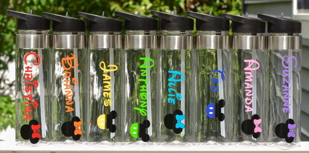 Disney Water bottles with Disney Mickey Mouse and Minnie Mouse icons and Disney font design. 