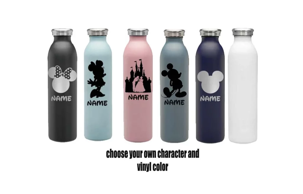 Disney Water bottles made of stainless steel with various Disney designs. 