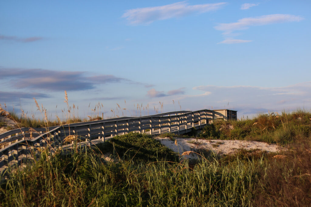 pier, tall grass and sand with blue skies beaches near disney anastasia state park
