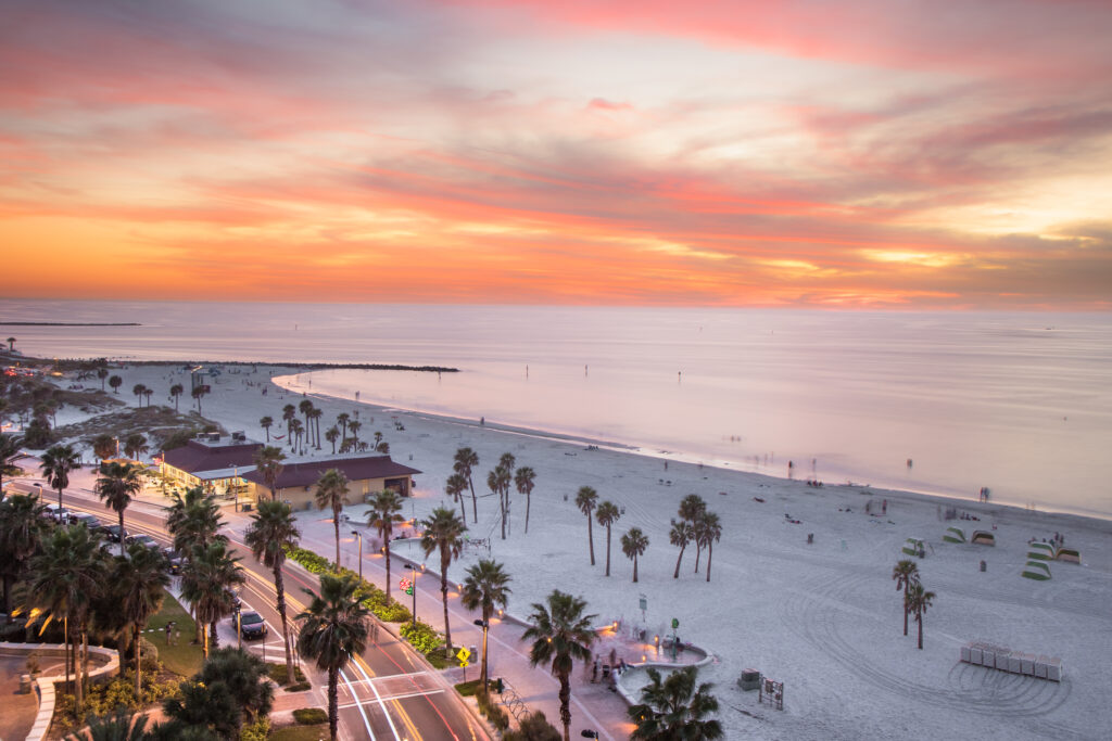 cotton candy skies over palm trees and beach