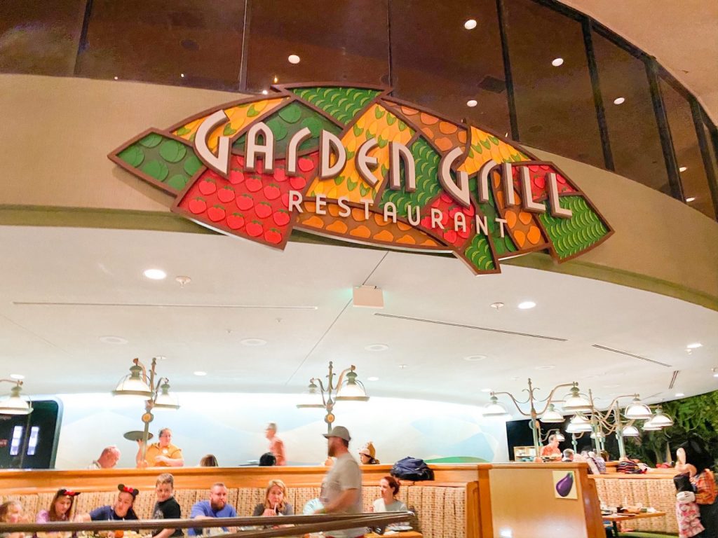 Outside of Garden Grill, one of the restaurants where you can eat breakfast in Disney. 